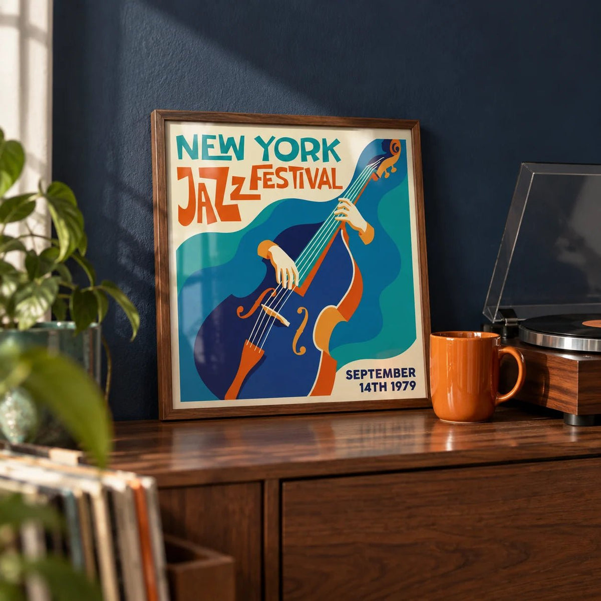 New York Jazz Festival Art Print, a small A4 framed print leaning on a shelf in a living room