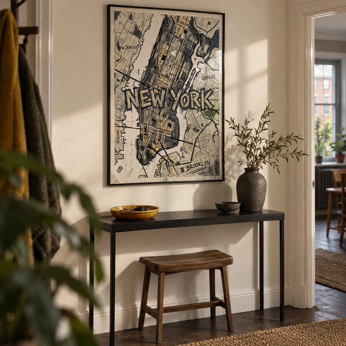New York Map Art, framed on the wall of a characterful hallway in a UK city flat with a cream plaster wall and dark timber floor