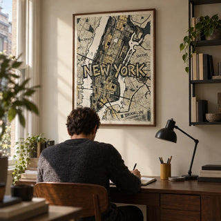 New York Map Art, framed on the wall of a compact home study in a Victorian terrace with a pale beige wall and simple black shelving
