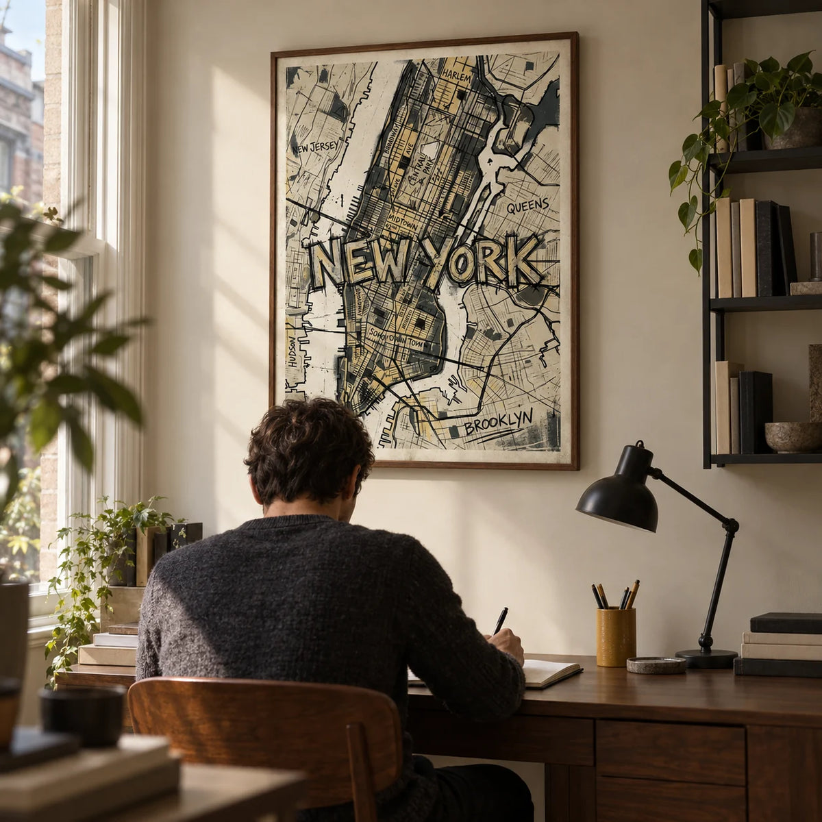 New York Map Art, framed on the wall of a compact home study in a Victorian terrace with a pale beige wall and simple black shelving