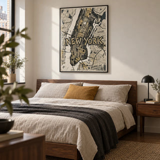 New York Map Art, framed on the wall of a grown-up city-flat bedroom with a warm white wall and walnut furniture
