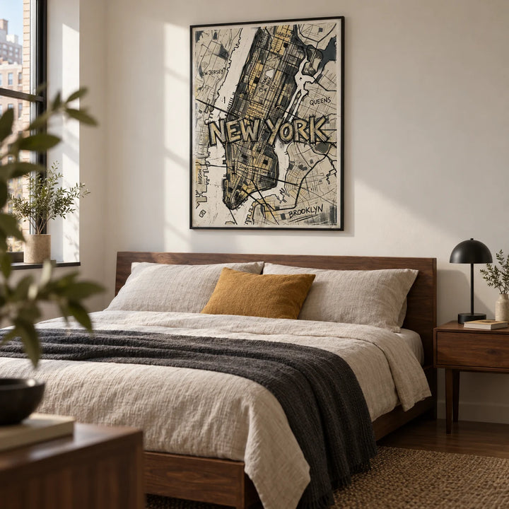 New York Map Art, framed on the wall of a grown-up city-flat bedroom with a warm white wall and walnut furniture
