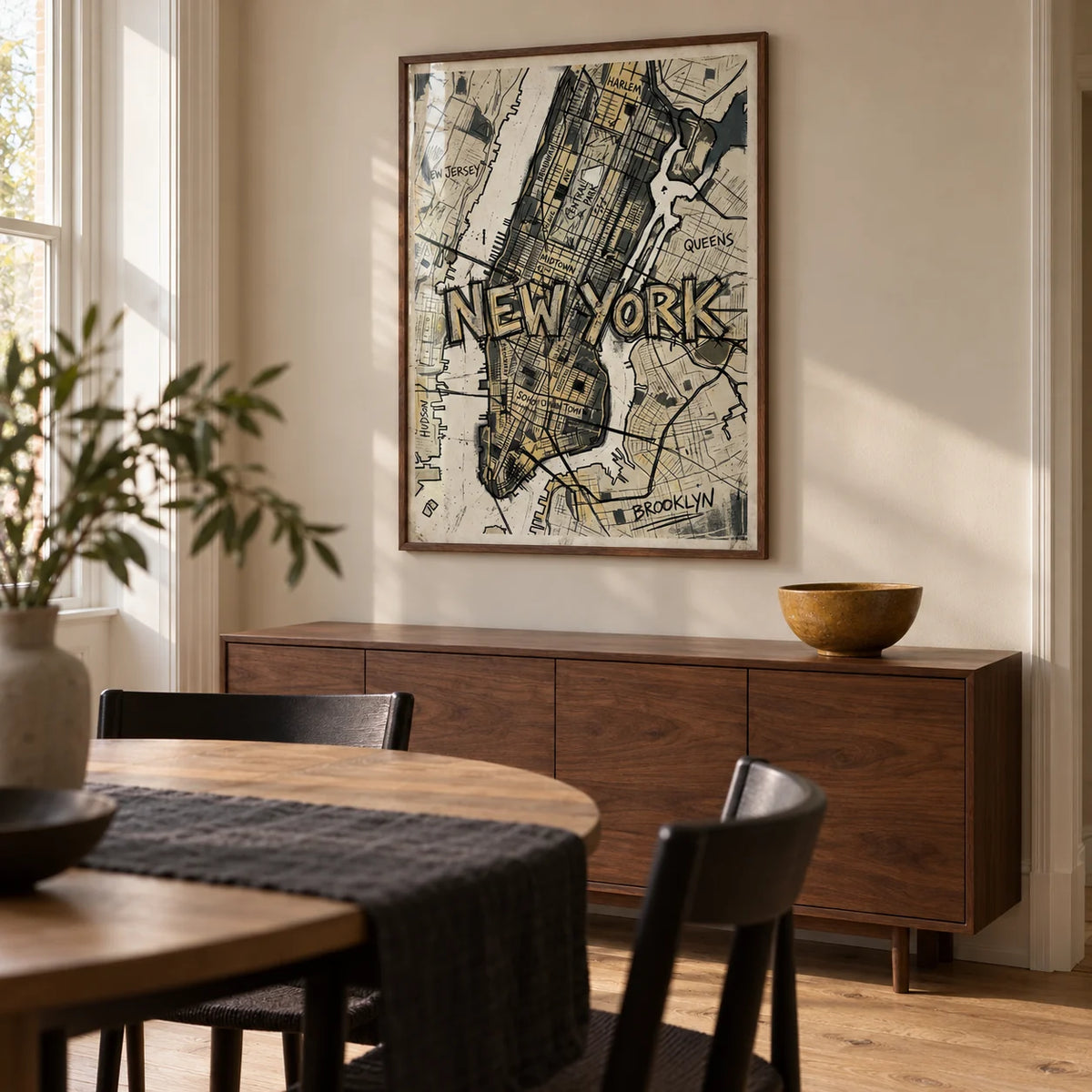 New York Map Art, framed on the wall of a modern dining room in a UK townhouse with a warm beige wall and plain oak floorboards