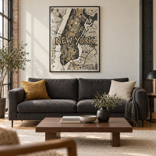 New York Map Art, framed on the wall of a modern living room in a UK warehouse conversion with a warm off-white wall