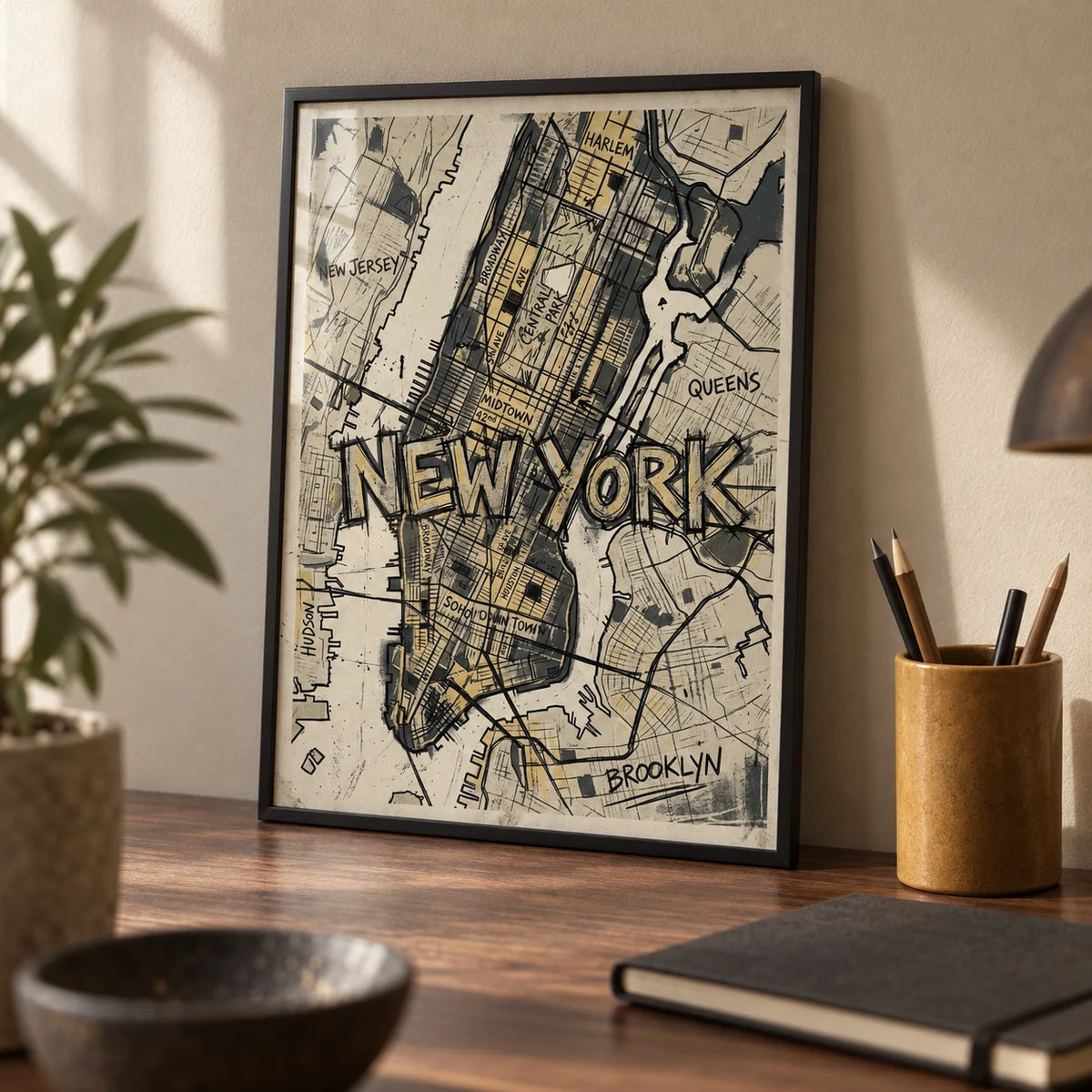 New York Map Art, a small A4 framed print leaning on a walnut desk