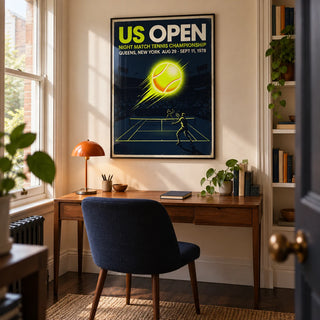 New York Tennis Championship Poster, framed on the wall of a compact home study in a UK Victorian terrace