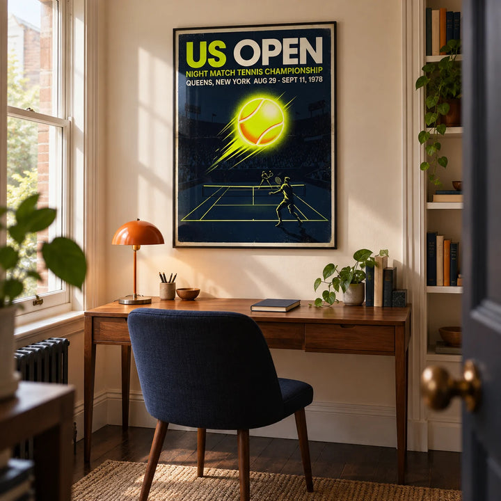 New York Tennis Championship Poster, framed on the wall of a compact home study in a UK Victorian terrace