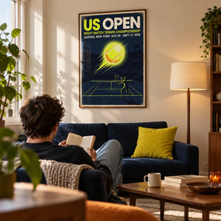 New York Tennis Championship Poster, framed on the wall of a design-led living room in a young adult's first UK flat (22-28)