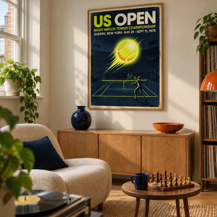 New York Tennis Championship Poster, framed on the wall of a retro games snug in a UK maisonette with a cream wall and a cork floor in a living room