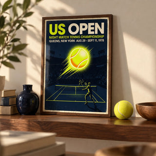 New York Tennis Championship Poster, a small A4 framed print leaning on a walnut shelf in a living room