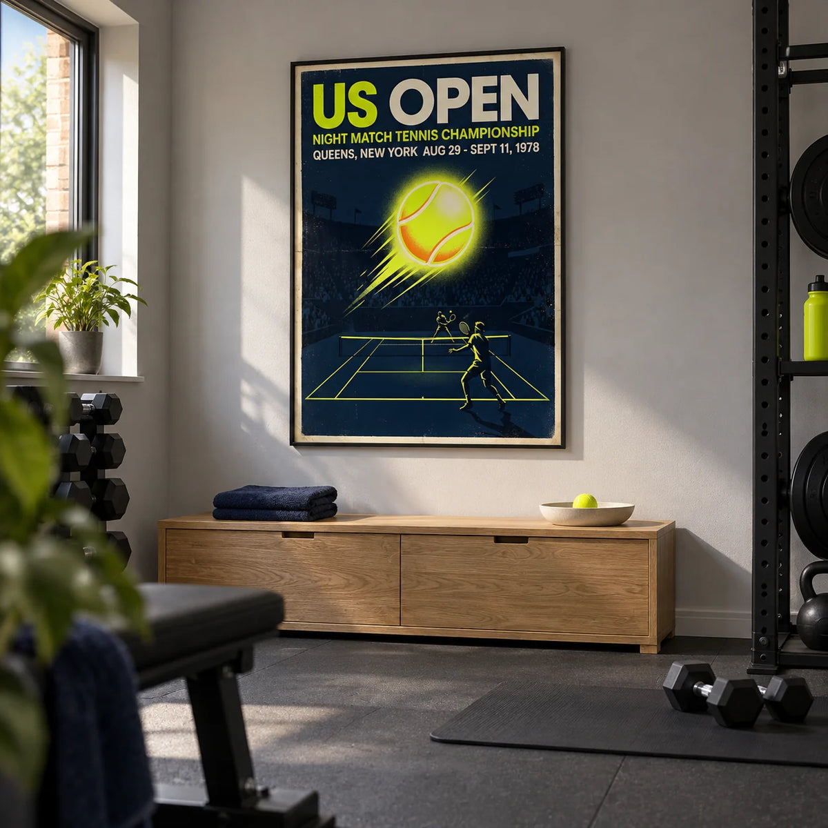 New York Tennis Championship Poster, framed on the wall of a tidy converted-garage home gym in a UK suburban house with pale grey walls and plain charcoal rubber flooring
