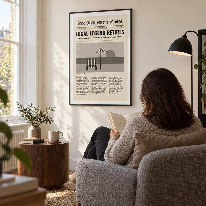 Newspaper Print, framed on the wall of a bright reading corner in a UK flat with a cream wall and a tall window in a living room