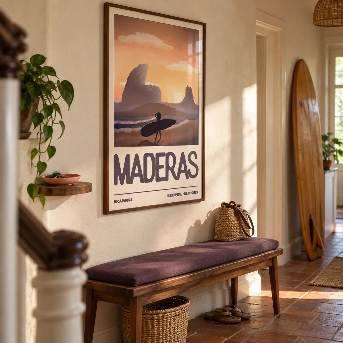 Nicaragua Surfer Wall Art, framed on the wall of a characterful narrow hallway in a UK terraced home with warm cream plaster and plain terracotta floor tiles