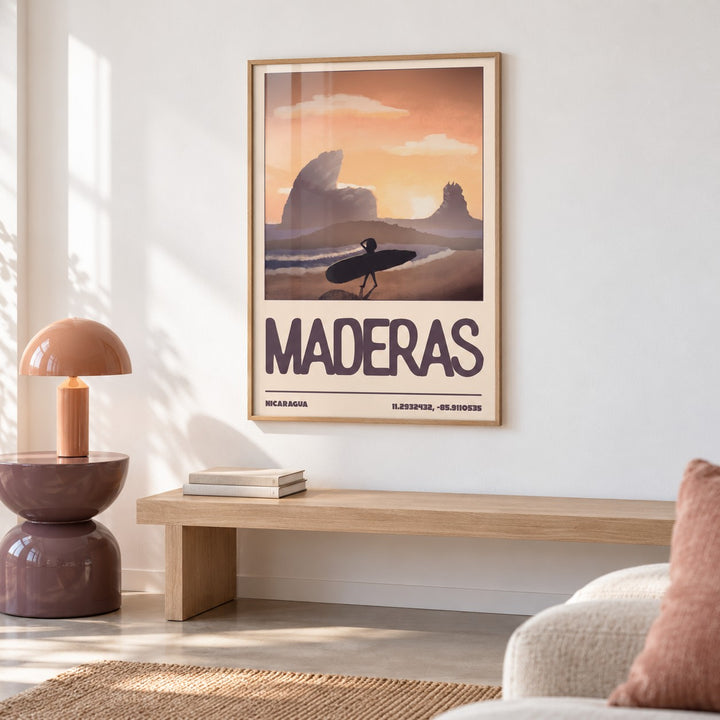 Nicaragua Surfer Wall Art shown in a colourful minimalist room (frame not included)