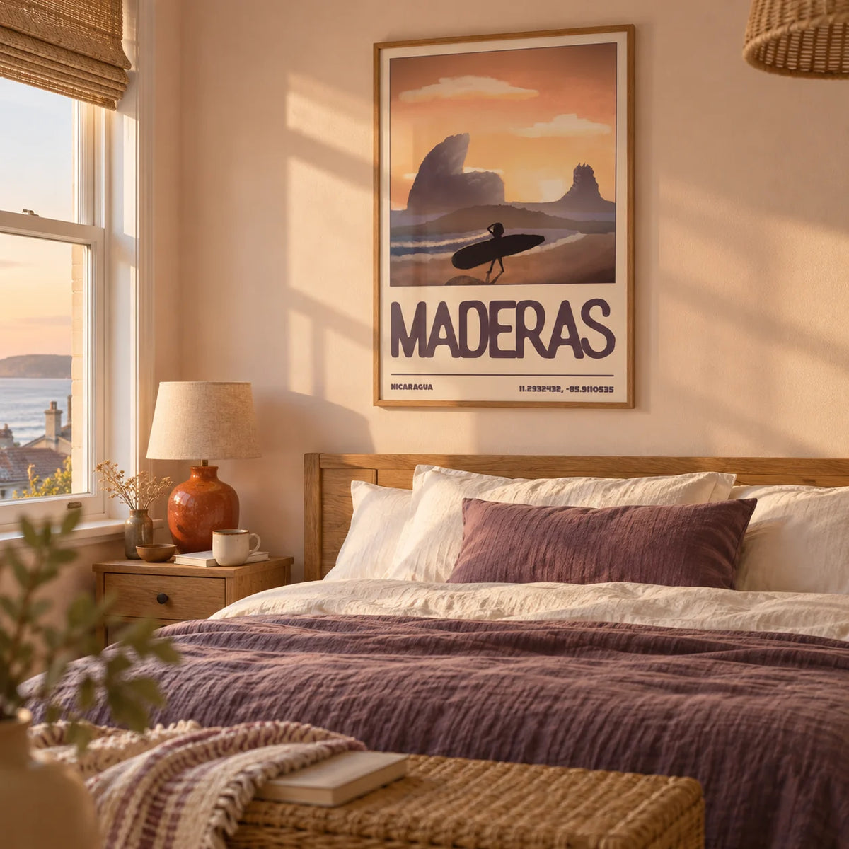 Nicaragua Surfer Wall Art, framed on the wall of a relaxed bedroom in a British seaside terrace with pale peach walls and natural woven textures