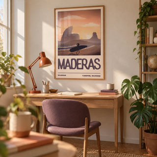 Nicaragua Surfer Wall Art, framed on the wall of a small travel-loving adult's home study in a UK flat with a warm white wall and cork flooring