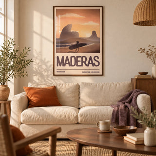 Nicaragua Surfer Wall Art, framed on the wall of a warm coastal living room in a UK first flat (25-35)
