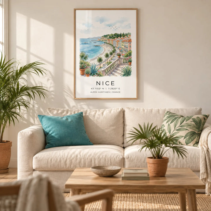 Nice Coastal Art Print, framed on the wall of a relaxed coastal living room in a British seaside terrace with warm white plaster walls and pale oak floorboards