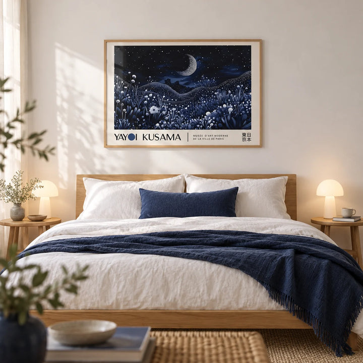 Night-Art, framed on the wall of a calm bedroom with a soft white wall