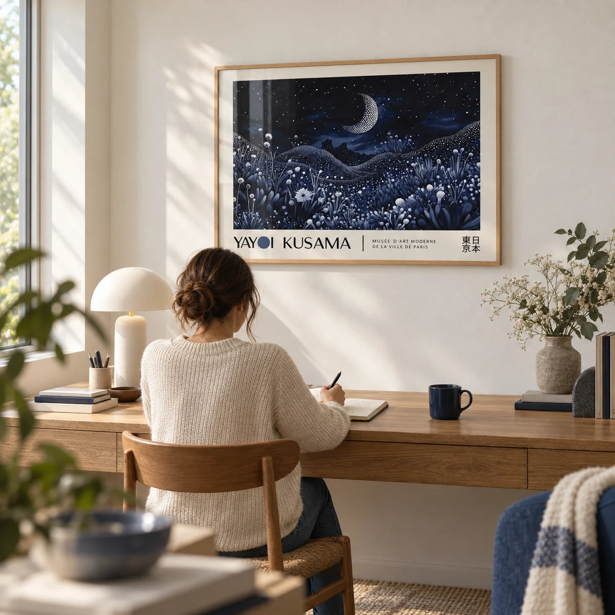Night-Art, framed on the wall of a calm home office with a soft white wall