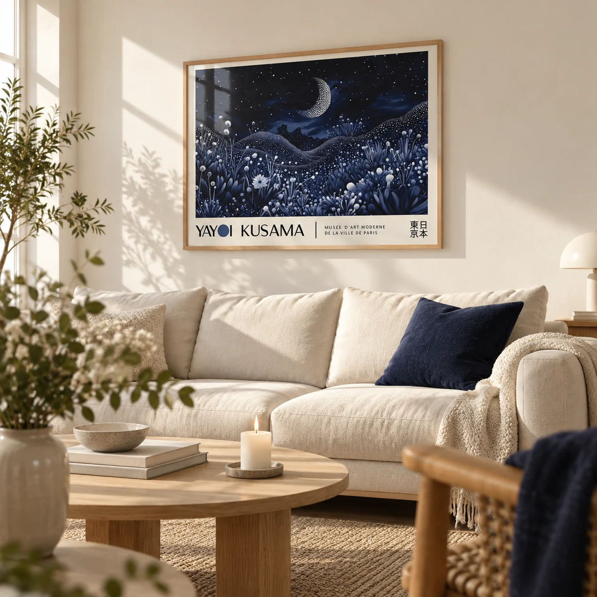 Night-Art, framed on the wall of a calm Scandi living room with a warm white wall