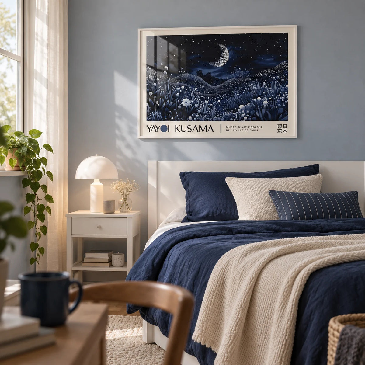 Night-Art, framed on the wall of a calm single bedroom for a young adult (18-25) with a pale blue-grey wall