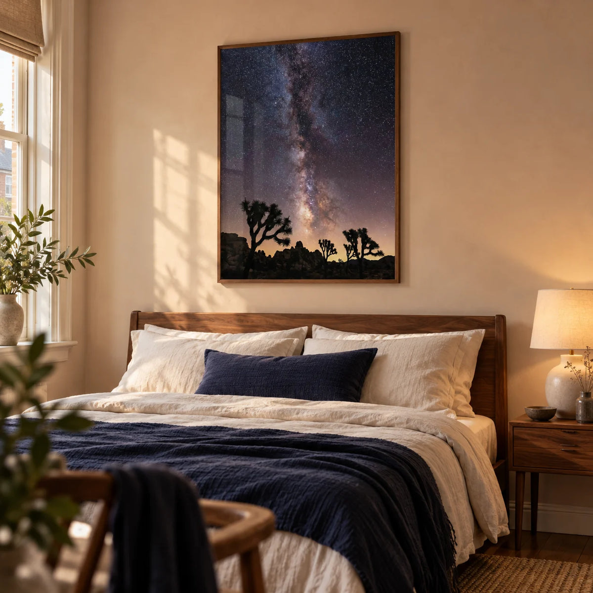 Night Desert Poster, framed on the wall of a calm adult bedroom in a UK terraced house with a pale peach-beige plaster wall
