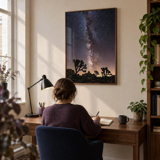Night Desert Poster, framed on the wall of a quiet home study in a UK flat with a warm white wall
