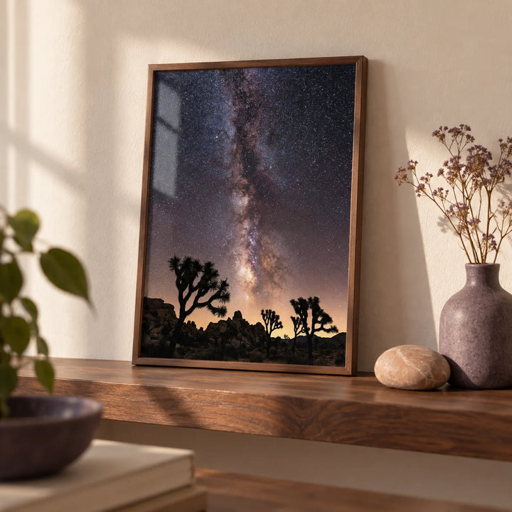 Night Desert Poster, a small A4 framed print leaning on a walnut shelf in a living room