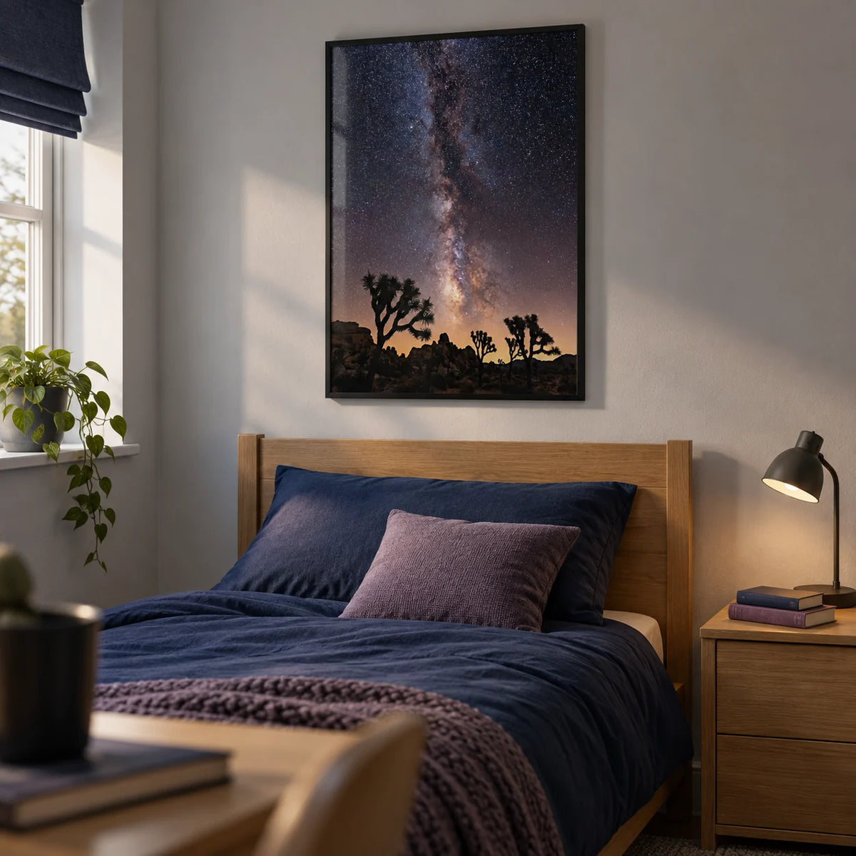 Night Desert Poster, framed on the wall of a thoughtful single bedroom for a teenage stargazer (16-17) in a UK family home with a pale grey wall