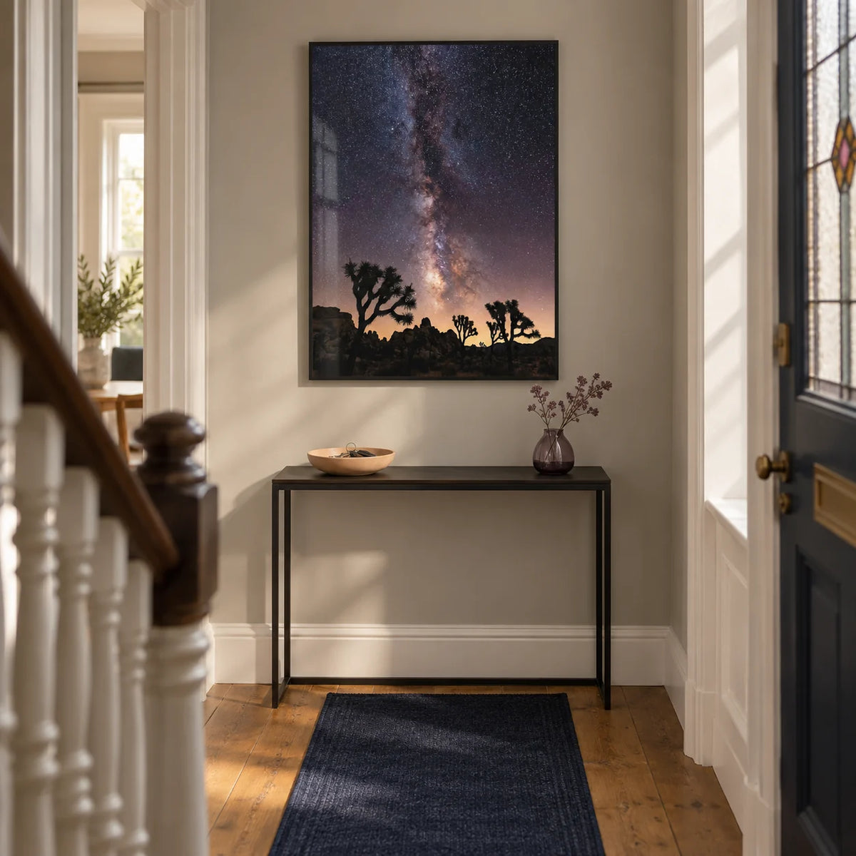 Night Desert Poster, framed on the wall of a welcoming narrow hallway in a UK Victorian terrace with a pale warm grey wall and oak floor