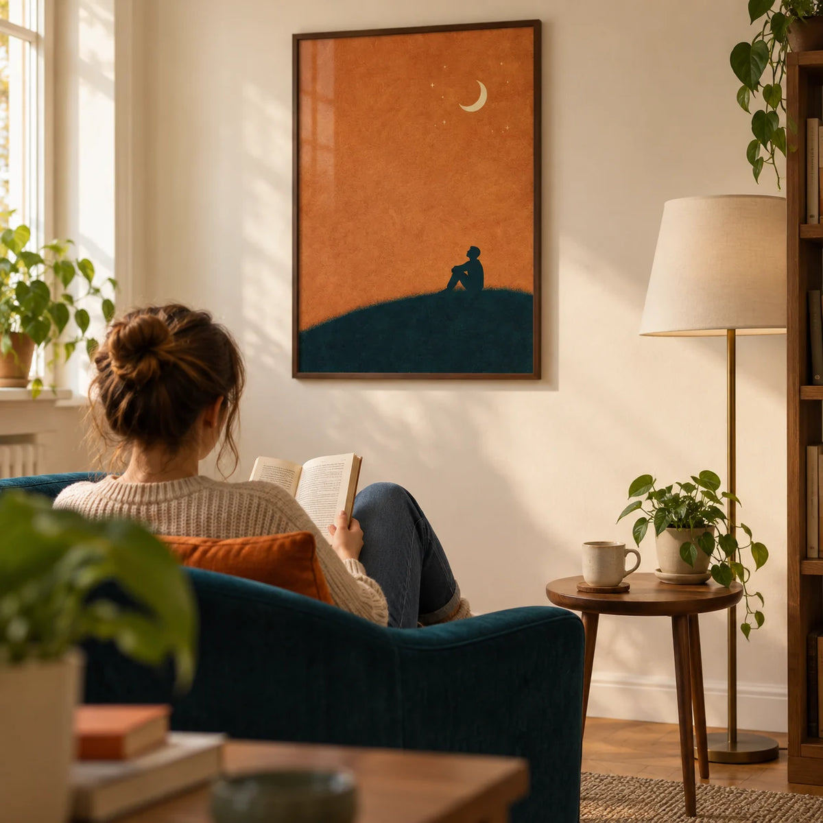 Night Silhouette Poster, framed on the wall of a quiet reading corner in a young adult's UK flat with a cream wall and warm wooden floor in a living room