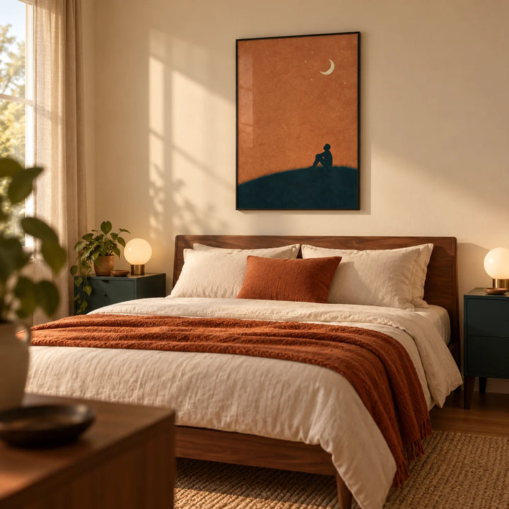 Night Silhouette Poster, framed on the wall of a restful modern bedroom in a UK couple's first home (25-35) with a muted warm cream wall