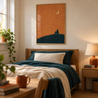 Night Silhouette Poster, framed on the wall of a thoughtful teenager's single bedroom (16-19) in a UK terraced home with a warm white wall