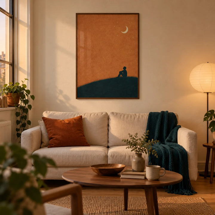 Night Silhouette Poster, framed on the wall of a warm modern living room in a UK first flat (22-28) with an ivory plaster wall and oak floor