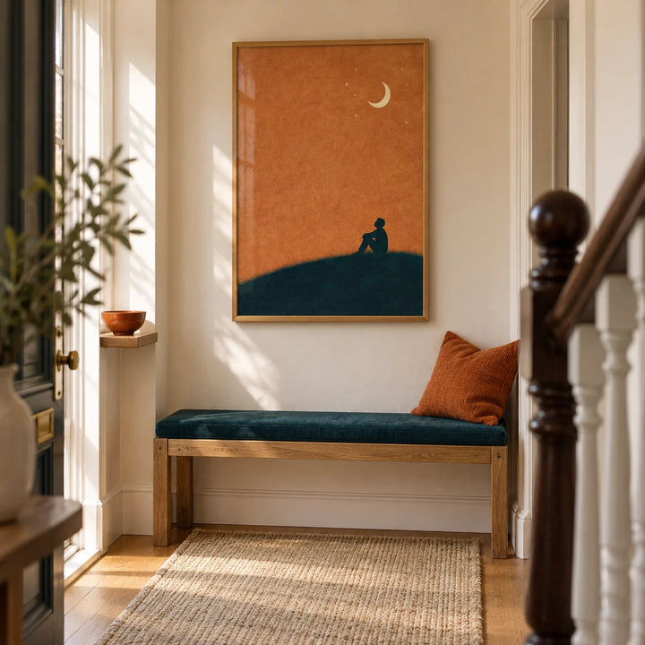 Night Silhouette Poster, framed on the wall of a welcoming narrow hallway in a UK Victorian terrace with warm white walls and a simple oak floor