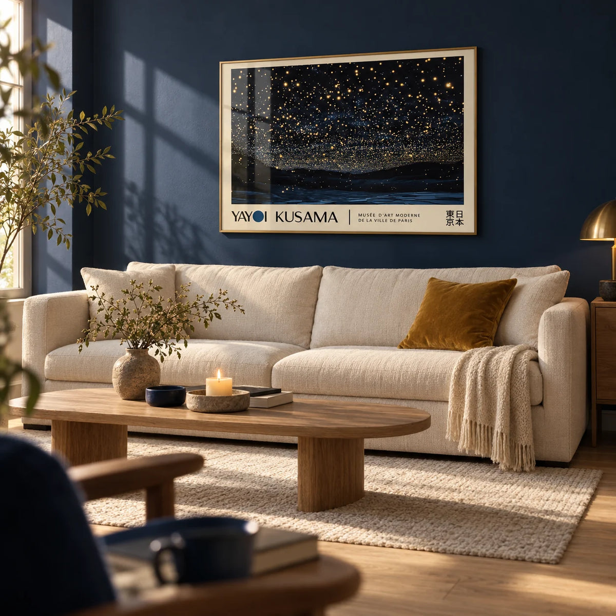 Night Sky Art, framed on the wall of a calm living room with a deep navy painted wall and a pale oak floor