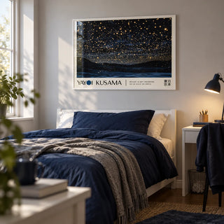 Night Sky Art, framed on the wall of a calm teen boy's bedroom (13-17) with a pale grey wall