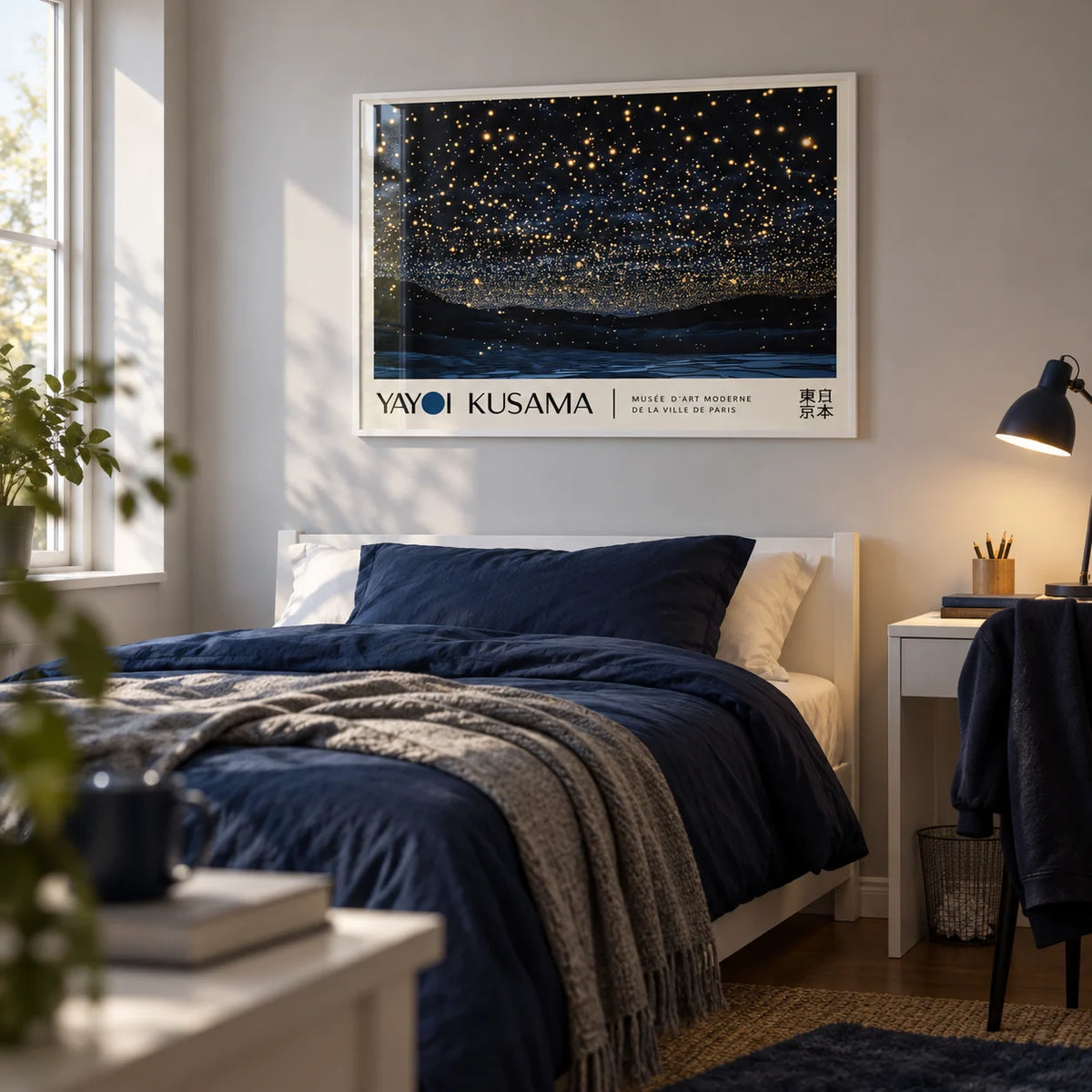 Night Sky Art, framed on the wall of a calm teen boy's bedroom (13-17) with a pale grey wall