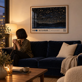 Night Sky Art, framed on the wall of a cosy evening living room with a warm white wall