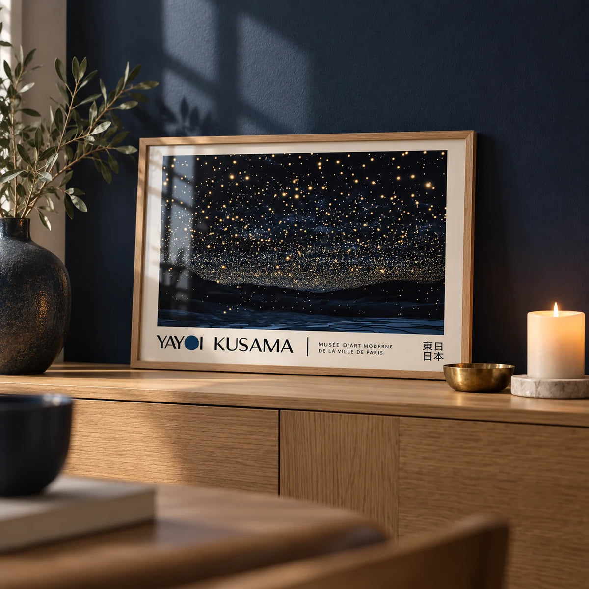 Night Sky Art, a small A4 framed print leaning on a low oak sideboard in a living room