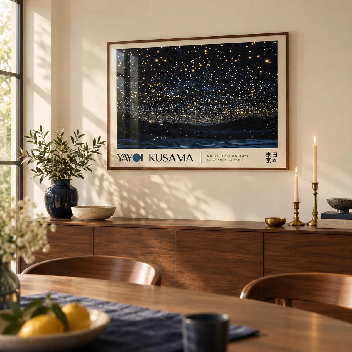 Night Sky Art, framed on the wall of a warm dining room with a cream wall