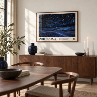 Night Sky Wall Art, framed on the wall of a modern dining room with a soft white wall