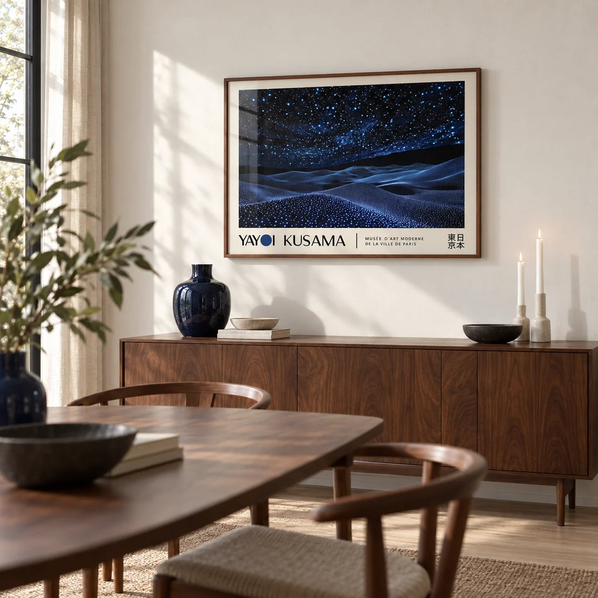 Night Sky Wall Art, framed on the wall of a modern dining room with a soft white wall