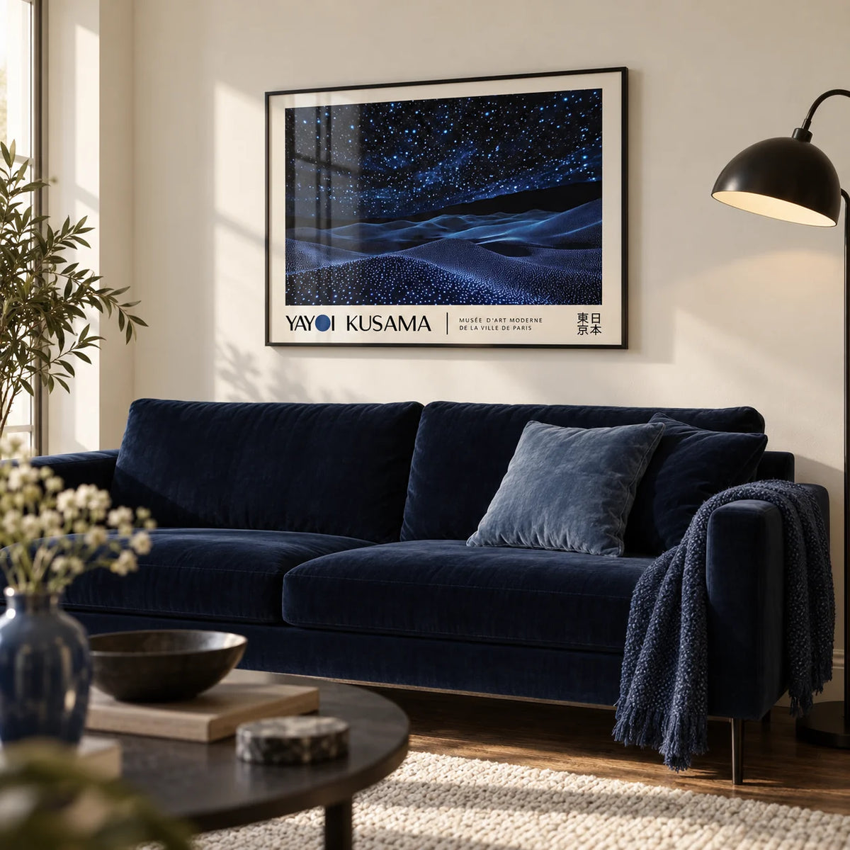 Night Sky Wall Art, framed on the wall of a modern living room with a warm white wall and a dark oak floor