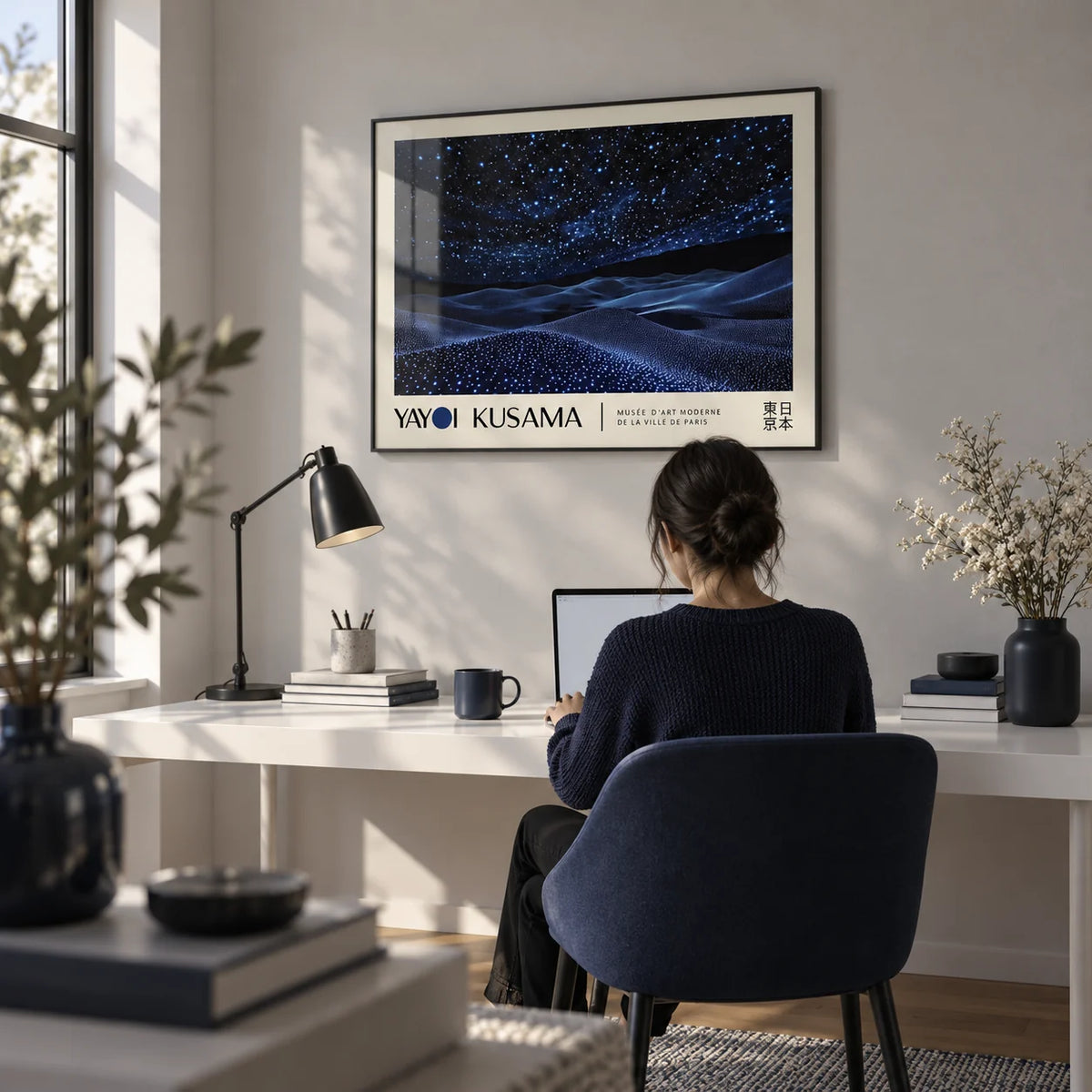 Night Sky Wall Art, framed on the wall of a quiet home office with a pale grey wall