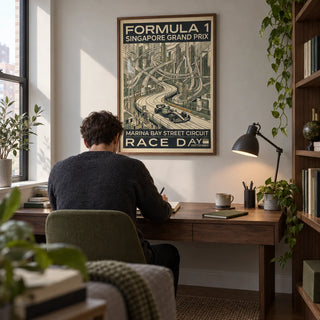 Night Street Circuit Poster, framed on the wall of a compact home study in a young adult's UK first flat (22-28)