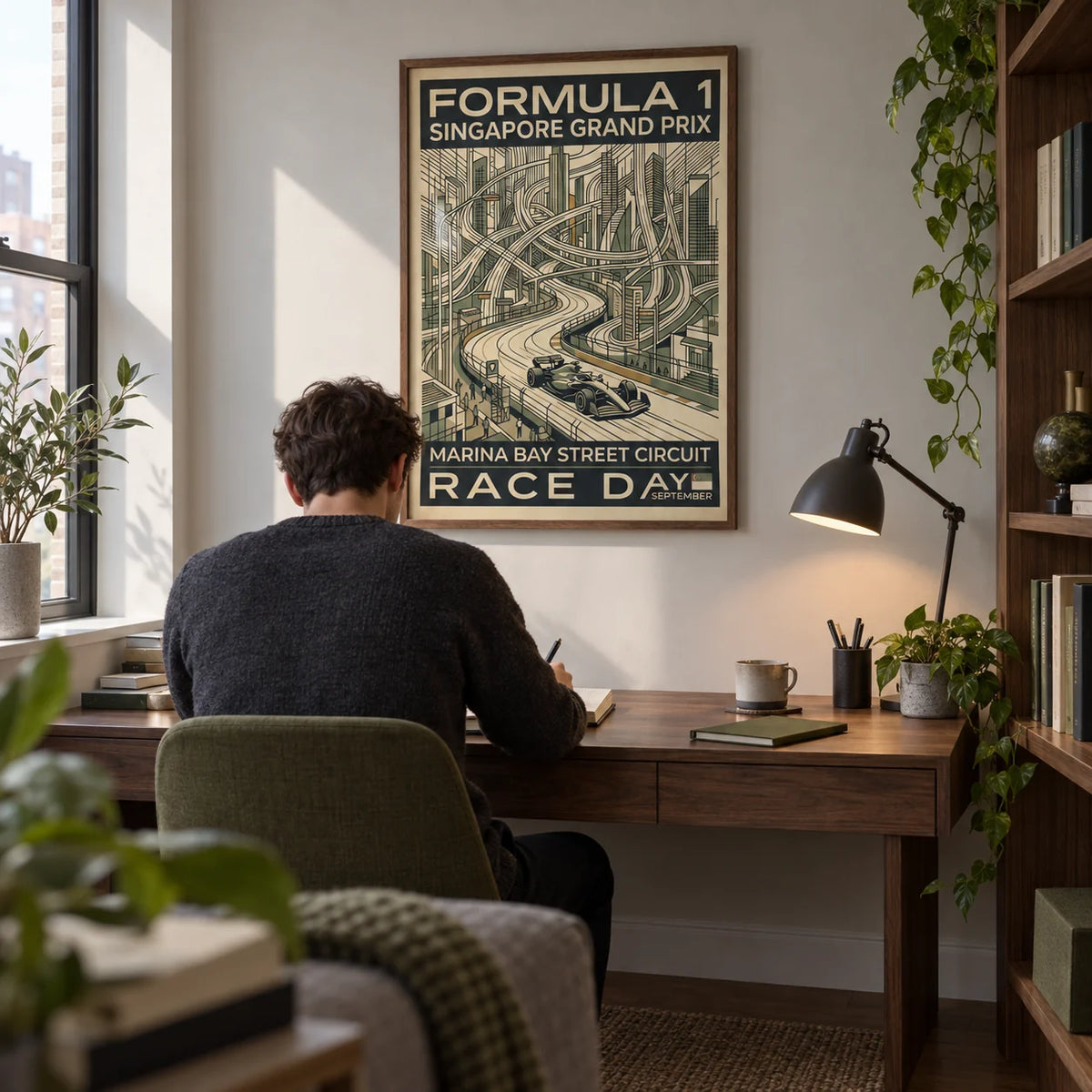 Night Street Circuit Poster, framed on the wall of a compact home study in a young adult's UK first flat (22-28)