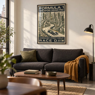 Night Street Circuit Poster, framed on the wall of a design-led living room in a motorsport fan's UK city flat with a warm white wall and concrete-effect floor