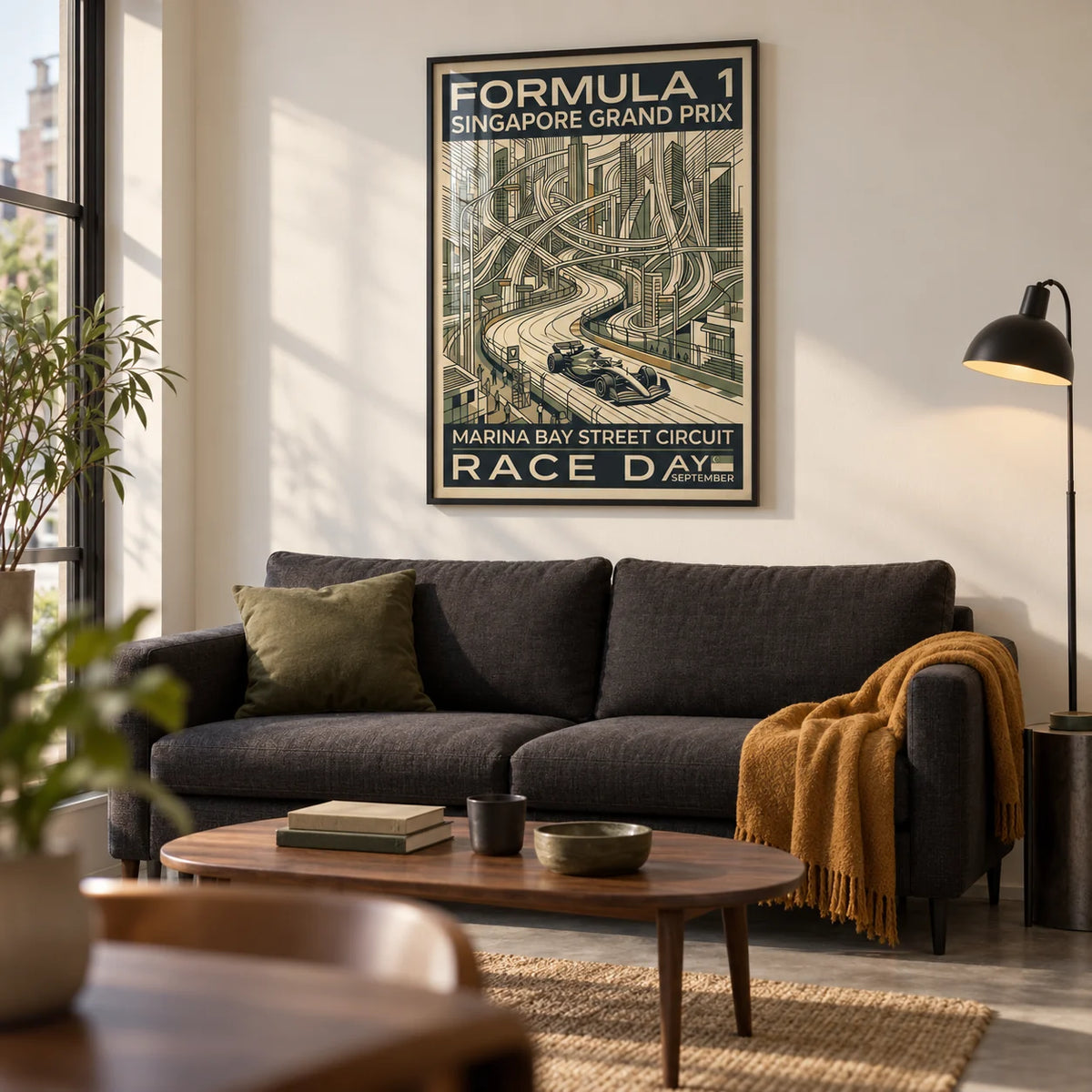 Night Street Circuit Poster, framed on the wall of a design-led living room in a motorsport fan's UK city flat with a warm white wall and concrete-effect floor